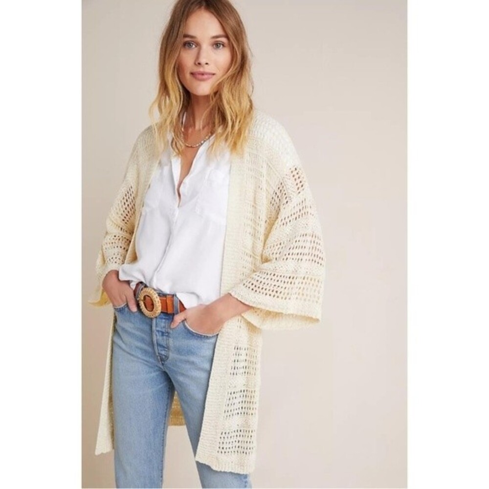 Anthropologie Cream Open Front Knit Layne Kimono One Size Beach Vacation
